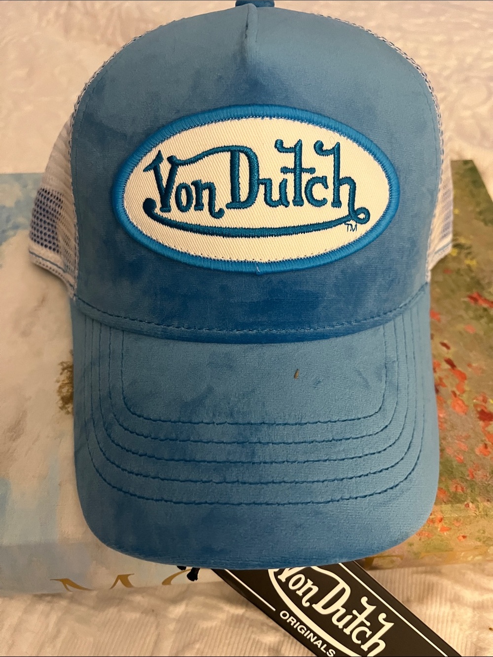 Von Dutch Light Blue and White Mesh Logo Trucker Hat